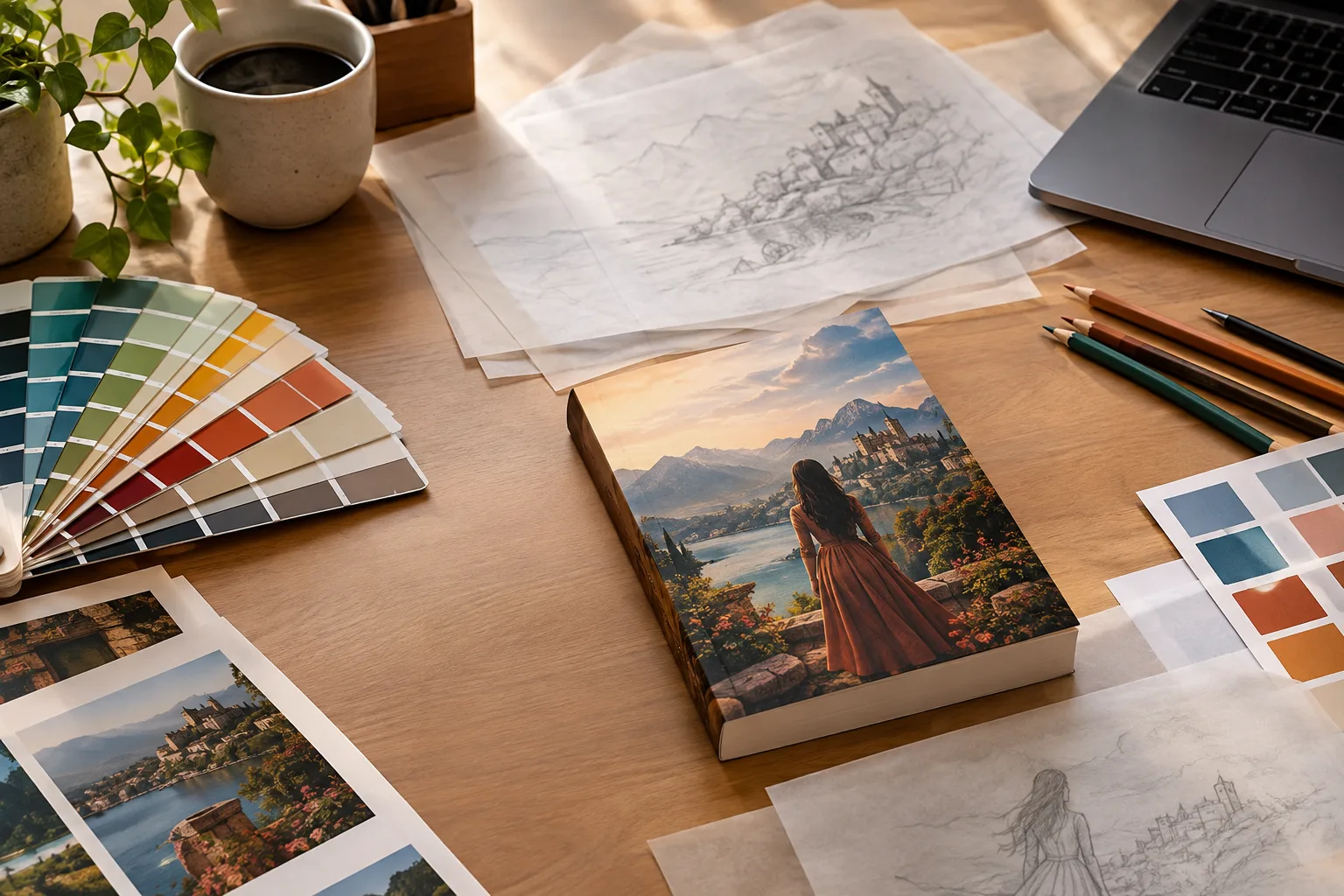 Book cover editing desk with a printed cover, color swatches, and a soft studio light