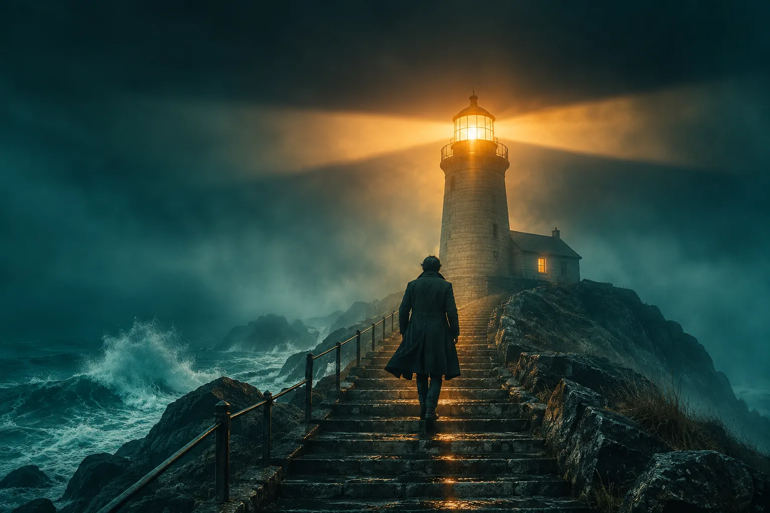 Moody lighthouse book cover concept with a single figure, deep teal water, and warm beam light