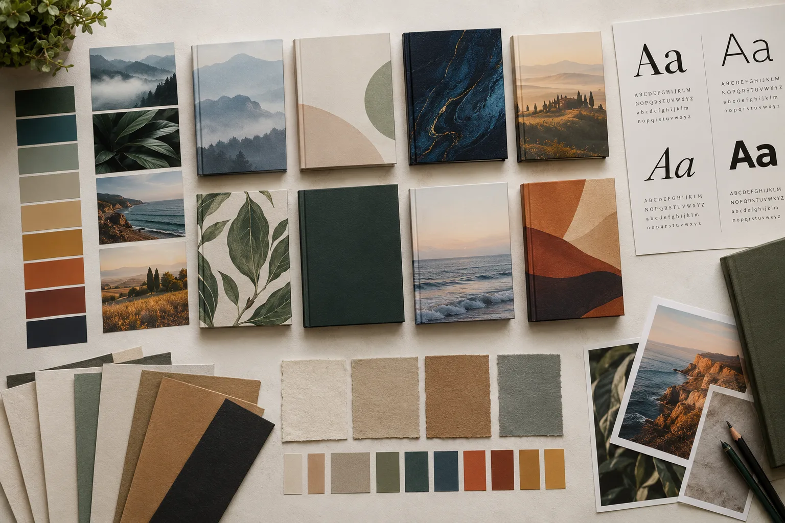 Designer's prompt board with book cover thumbnails, color swatches, and typography notes