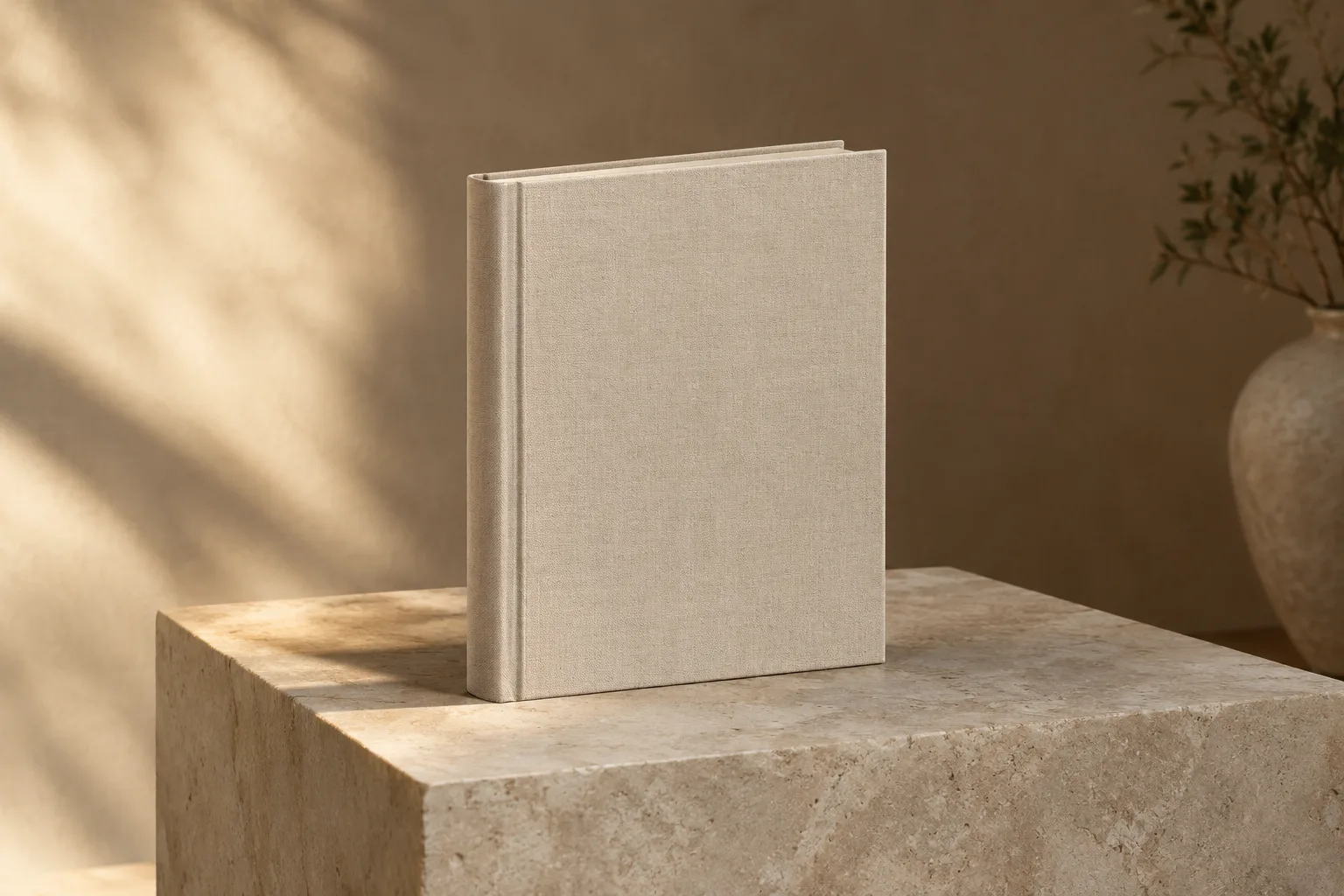 Hardcover book mockup on a quiet pedestal with warm side light and a soft grounded shadow