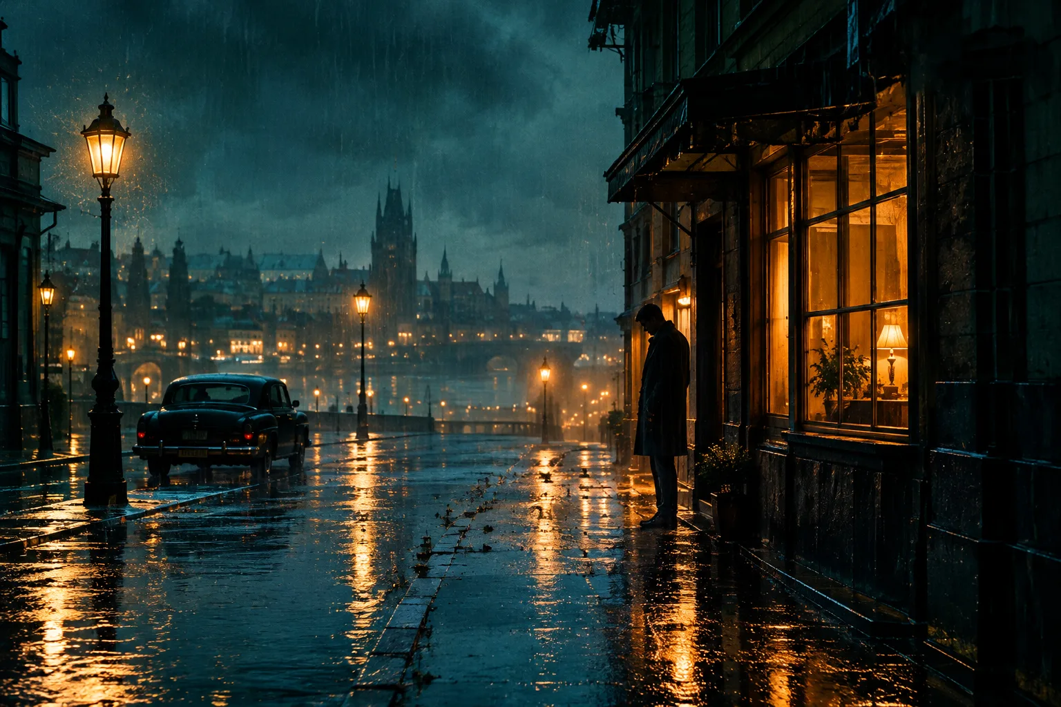 Cinematic book trailer still of a rain-soaked street at night with a distant figure and warm window light