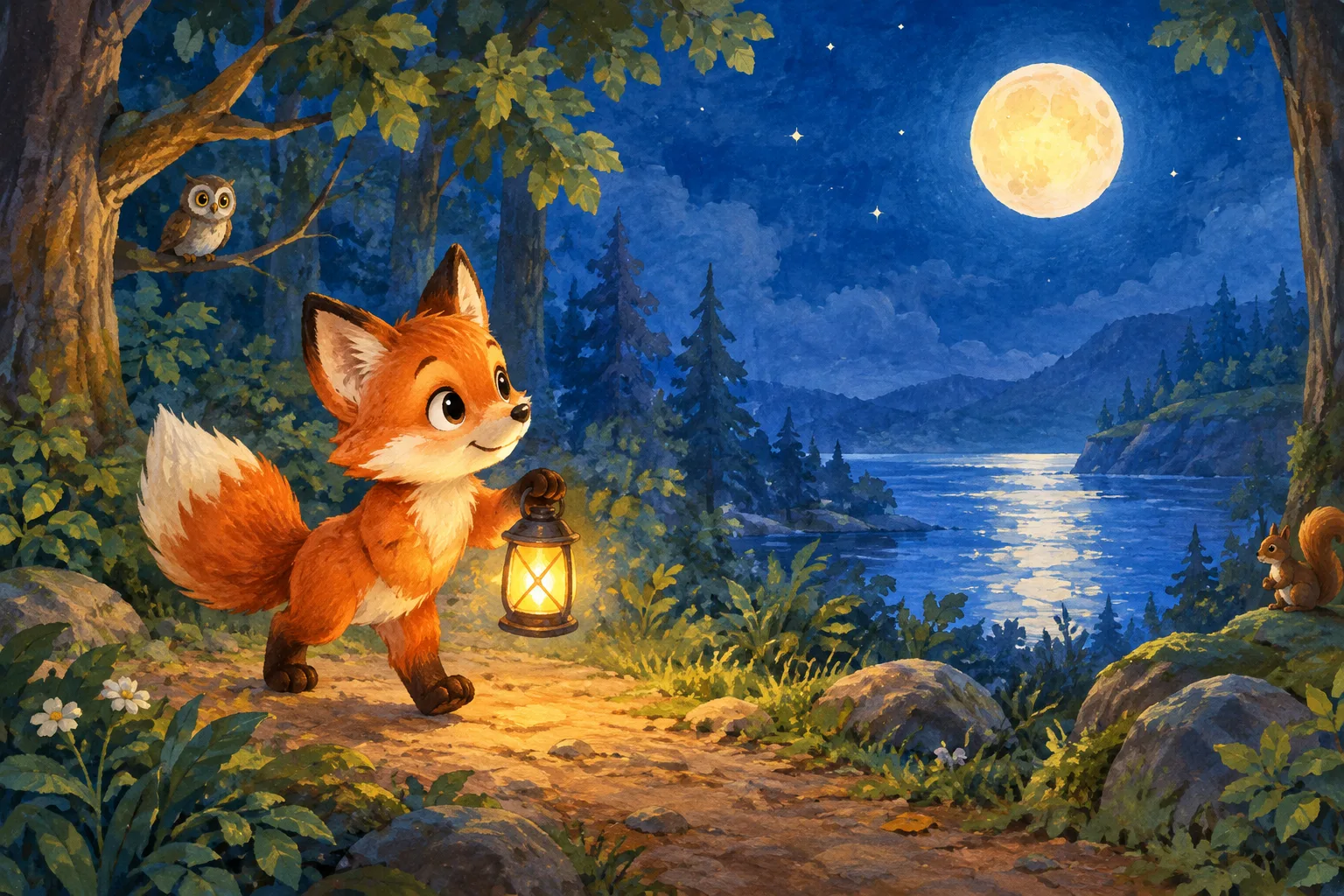 Whimsical children's book spread with a small fox carrying a lantern through a moonlit forest