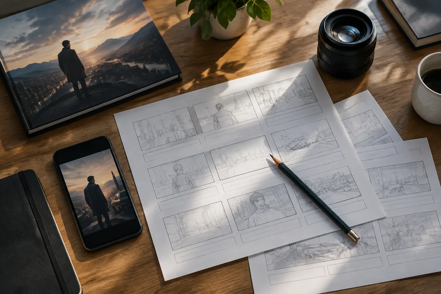 Storyboard sheets and a phone showing a vertical book trailer beside a printed cover