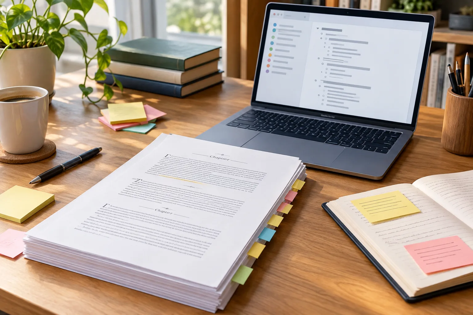 Printed manuscript with chapter headings, sticky tabs, and an outline on a laptop