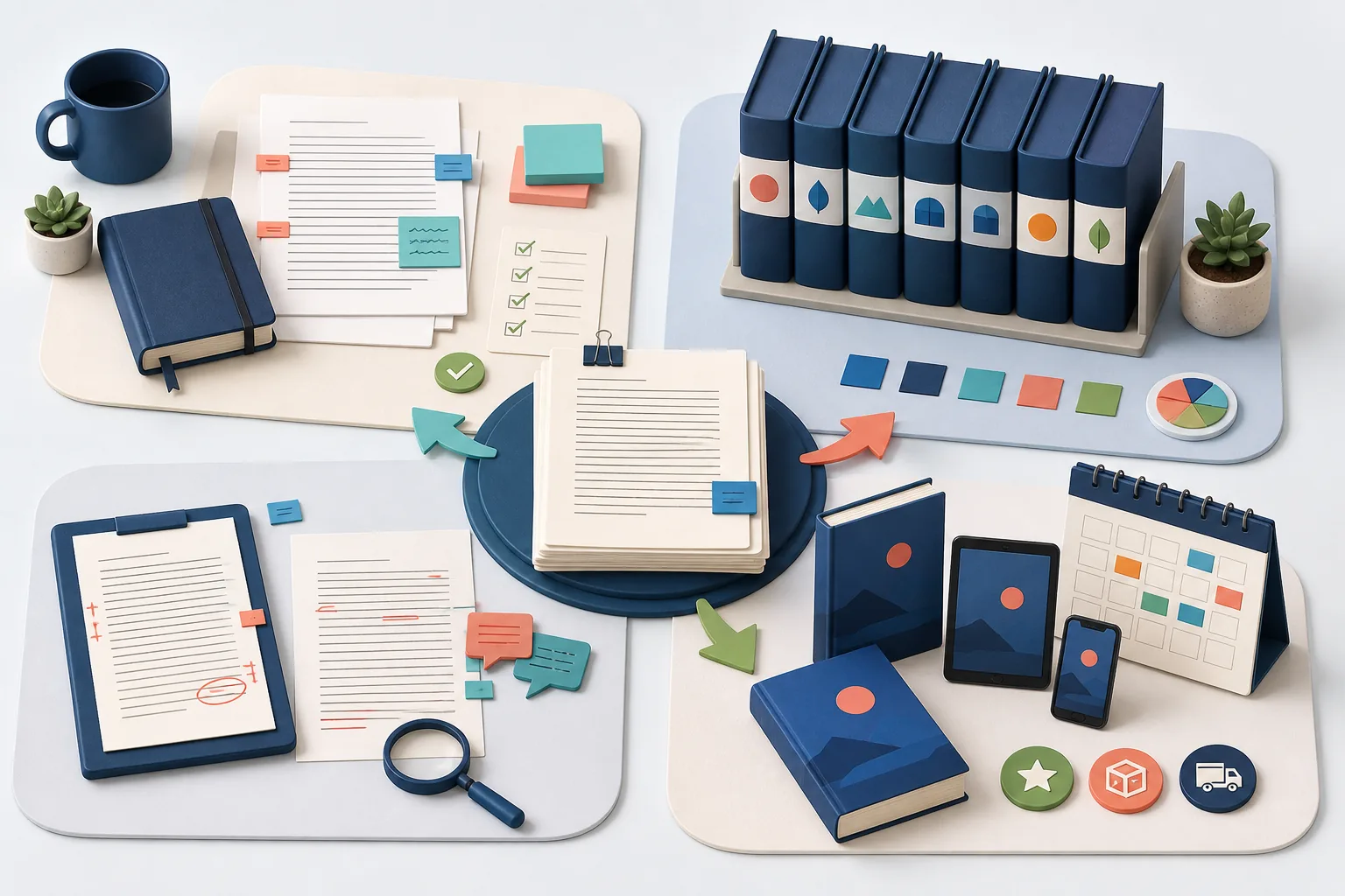 Four publishing workspaces for a first book, a series, client editing, and a small catalog
