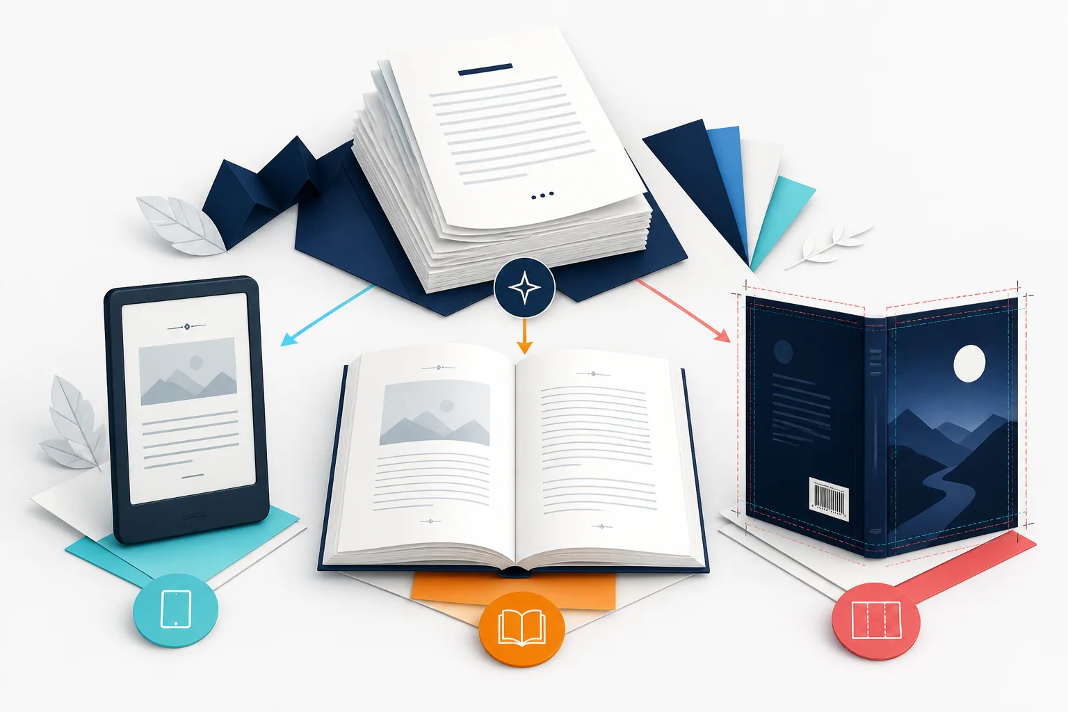 Illustration of one manuscript becoming an ebook, a typeset print interior, and a full-wrap cover guide