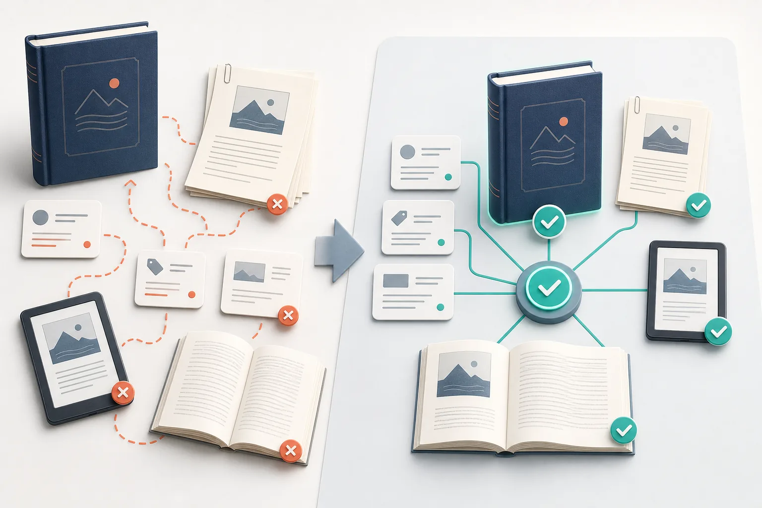 Disconnected manuscript, cover, metadata, print, and ebook files becoming one checked release version