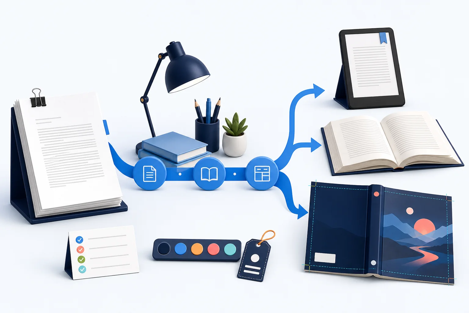 Editorial illustration of a manuscript moving through planning, validation, ebook, print, cover, and release stages